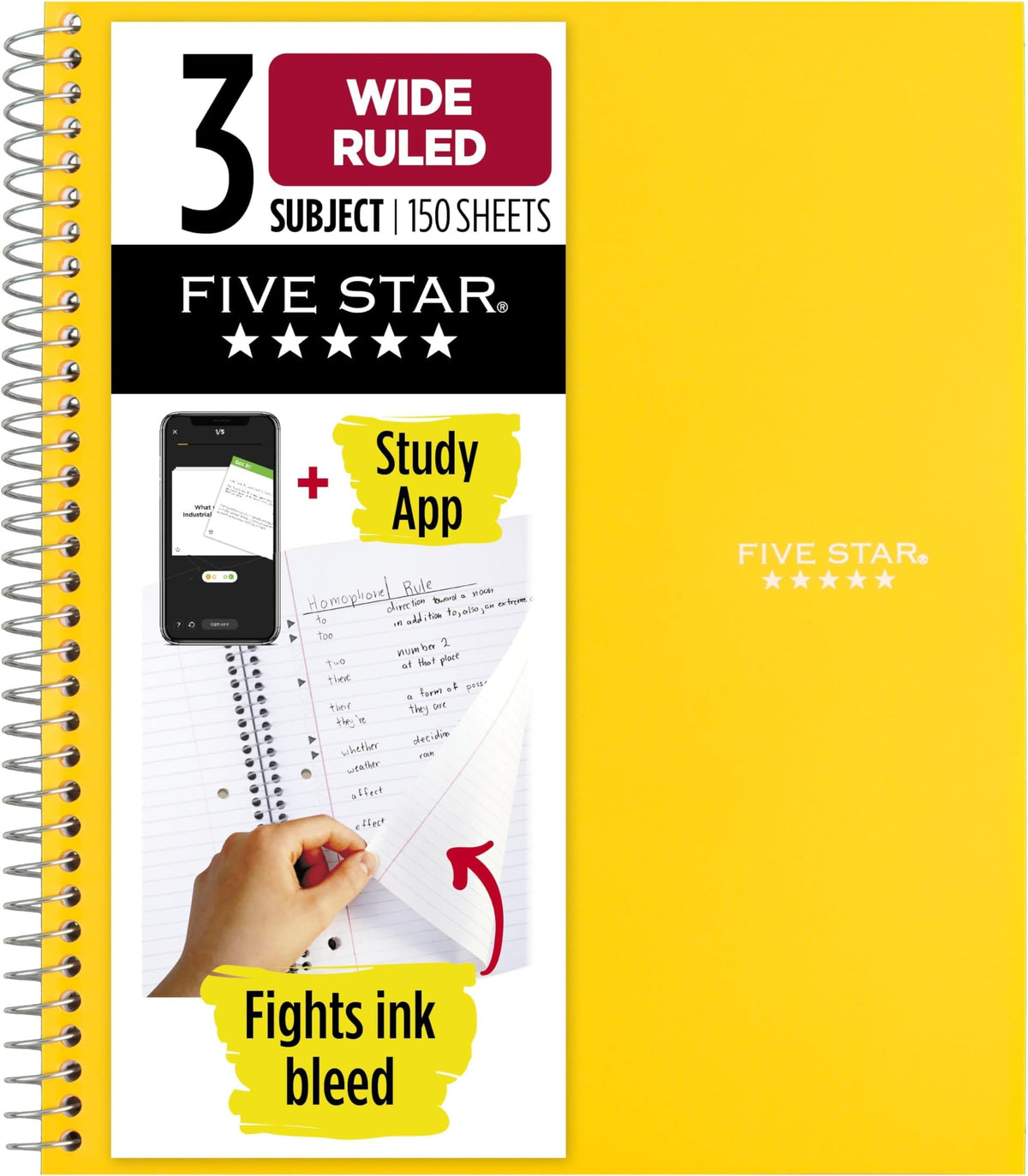 Five Star Spiral Notebook + Study App, 3 Subject, Wide Ruled Paper, 8" x 10-1/2", 150 Sheets, Fights Ink Bleed, Water Resistant Cover, Forest Green (73176)