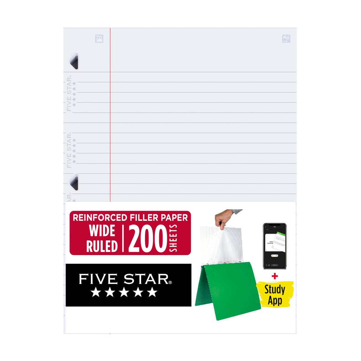 Five Star Loose Leaf Paper + Study App, Wide Ruled Filler Notebook Paper, Reinforced, Fights Ink Bleed, 8" x 10-1/2", 80 Sheets (150002)