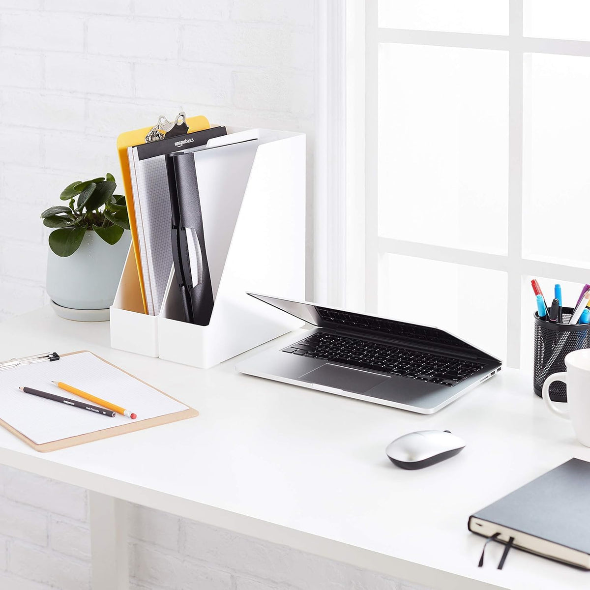 Amazon Basics Rectangular Plastic Desk Organizer, Magazine Rack, White, 2-Pack Temp