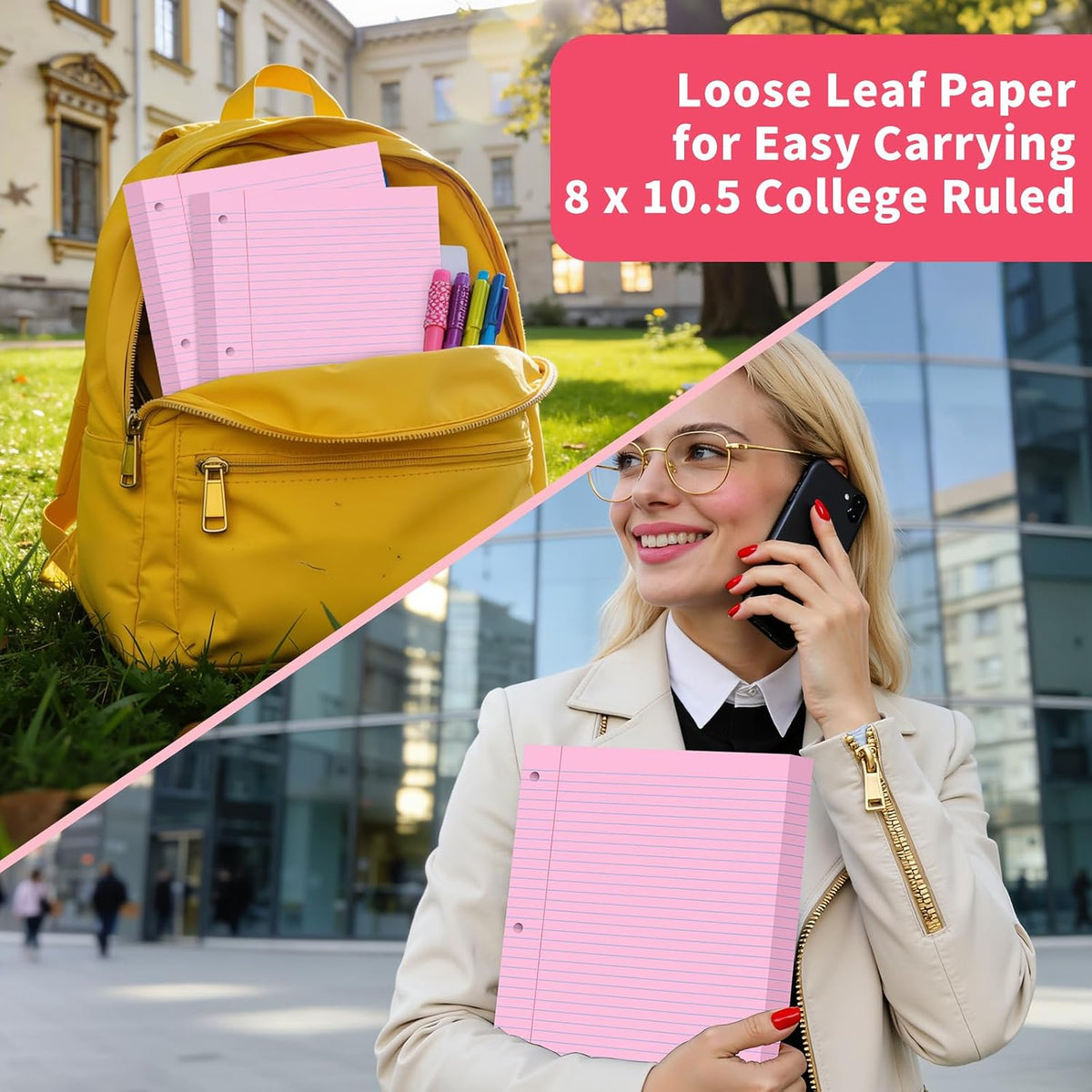 Loose Leaf Paper 120 Sheets Pink Paper 8x10.5 College Ruled Notebook Paper