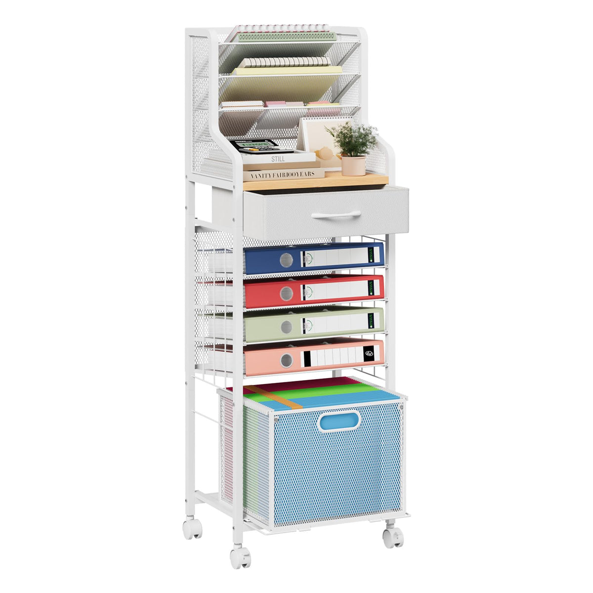 SWTYMIKI 10-Tier Rolling File Cart - Mesh Paper Organizer with Drawer & Hanging File Folders on Lockable Wheels, Rolling File Cabinet for Office Organization, Storage in Home, Studio, School, Espresso