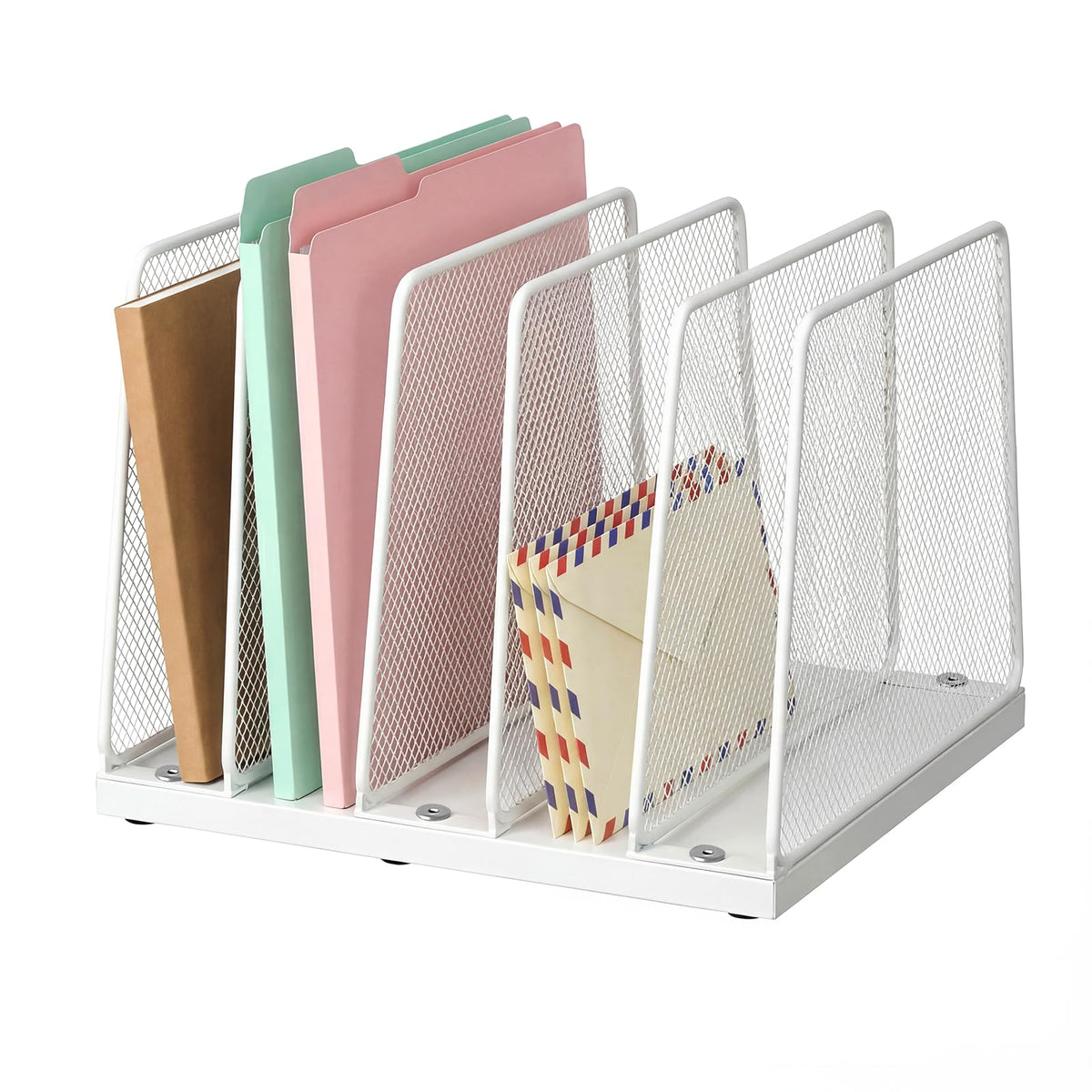 LEKETREE Desk File Organizer, 5-Section Upright File Sorter, Vertical File Folder Holder, Mesh Metal Wood Office Desktop Organization for Document, Magazine, Books and more (Black)