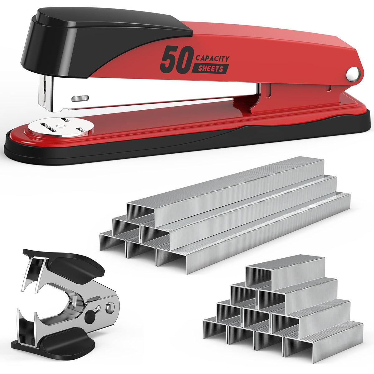 Metal Stapler Heavy Duty 50 Sheet Capacity with 1750 Staples and Staple Remover, Full Strip Staplers for Desk, No Jam, Non-Slip for Office & Classroom, Black