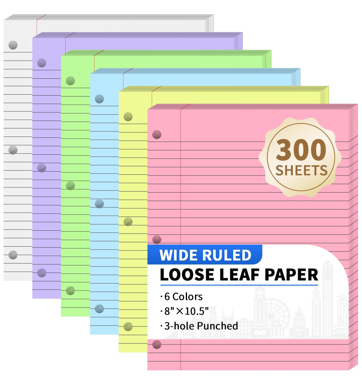 120 Sheets Loose Leaf Paper, 8” x 10.5”, 6 Colors Wide Ruled Lined Paper