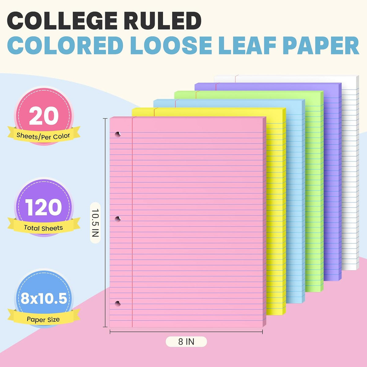 120 Sheets Loose Leaf Paper 8 x 10.5, 6 Colors Lined Paper College Ruled