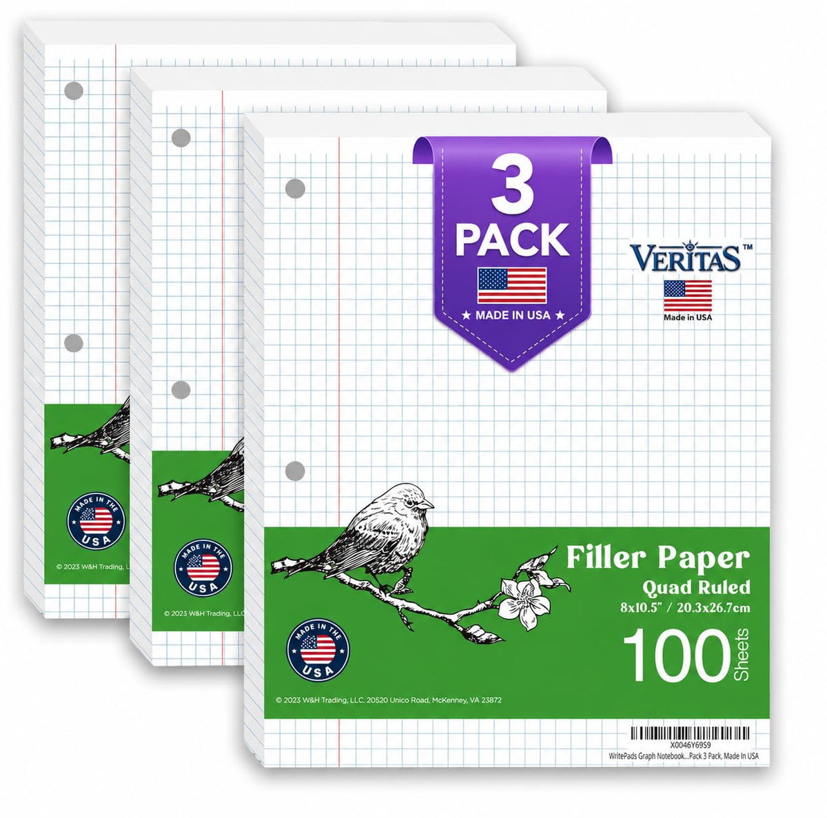 WritePads College Ruled Loose Leaf Paper, 600 Sheets Bulk Notebook Paper, 8"x10-1/2" 3 Hole Punched Filler Paper, Fits Standard 3-Ring Binder, 65lb Thick Paper, Made in USA