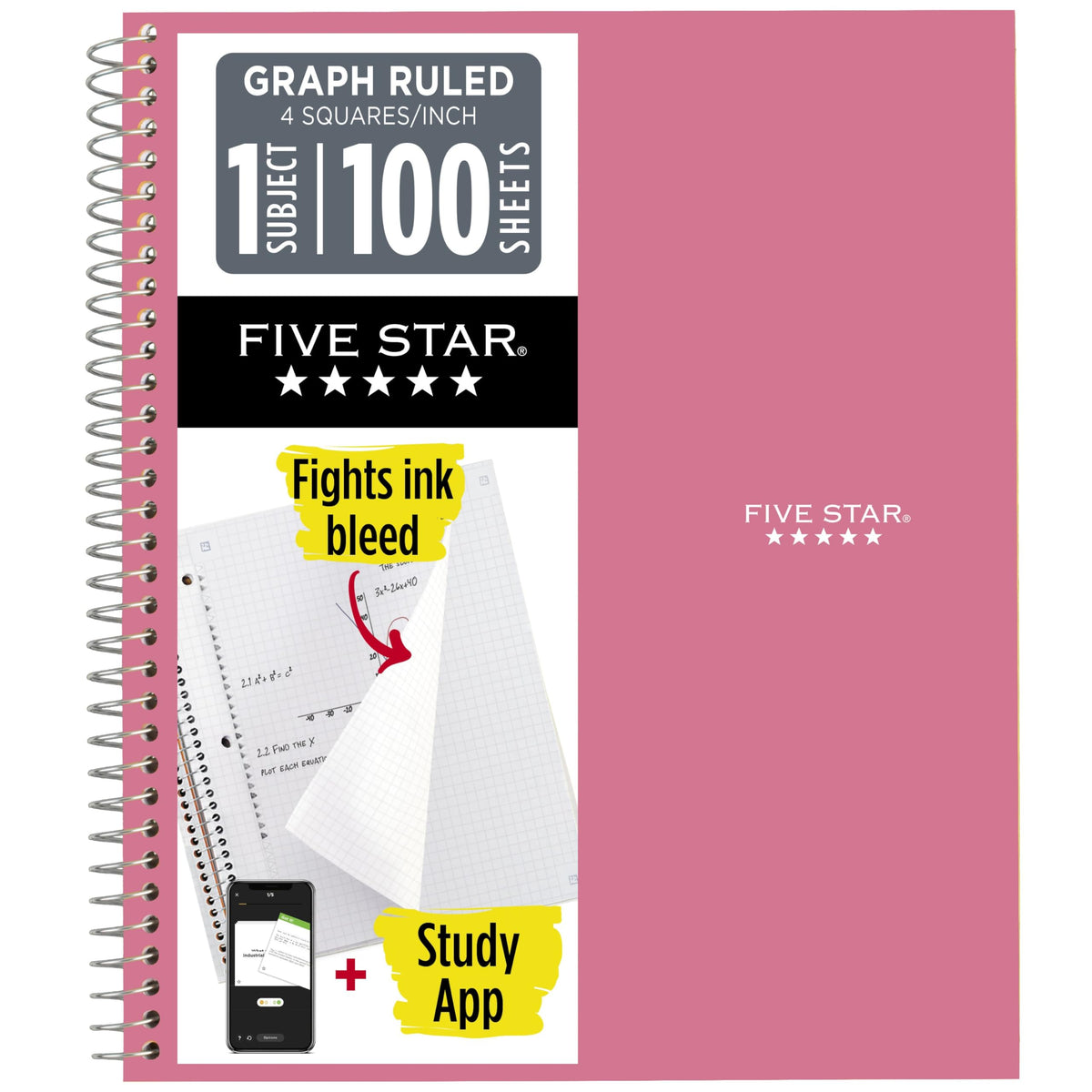 Five Star Spiral Notebook + Study App, 1 Subject, Graph Ruled Paper, 8-1/2" x 11", 100 Sheets, Fights Ink Bleed, Water Resistant Cover, Black (73679)