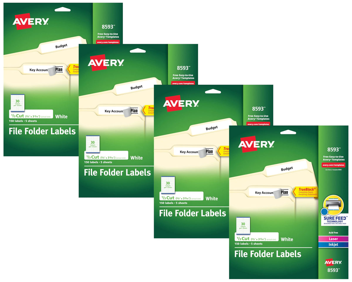 Avery File Folder Labels with TrueBlock Technology, Permanent Adhesive, 2/3" x 3-7/16", Laser/Inkjet, 150 Labels (08593)