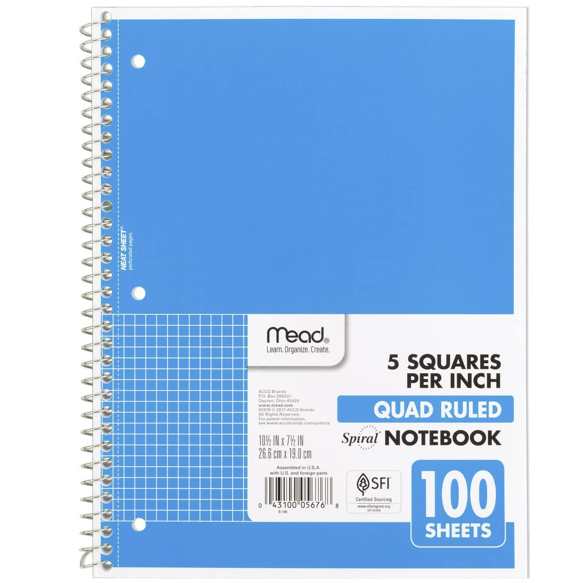 Mead Spiral Notebook, 1 Subject, Graph Ruled Paper, 7-1/2" x 10-1/2", 100 Sheets, Green (05676AC5)