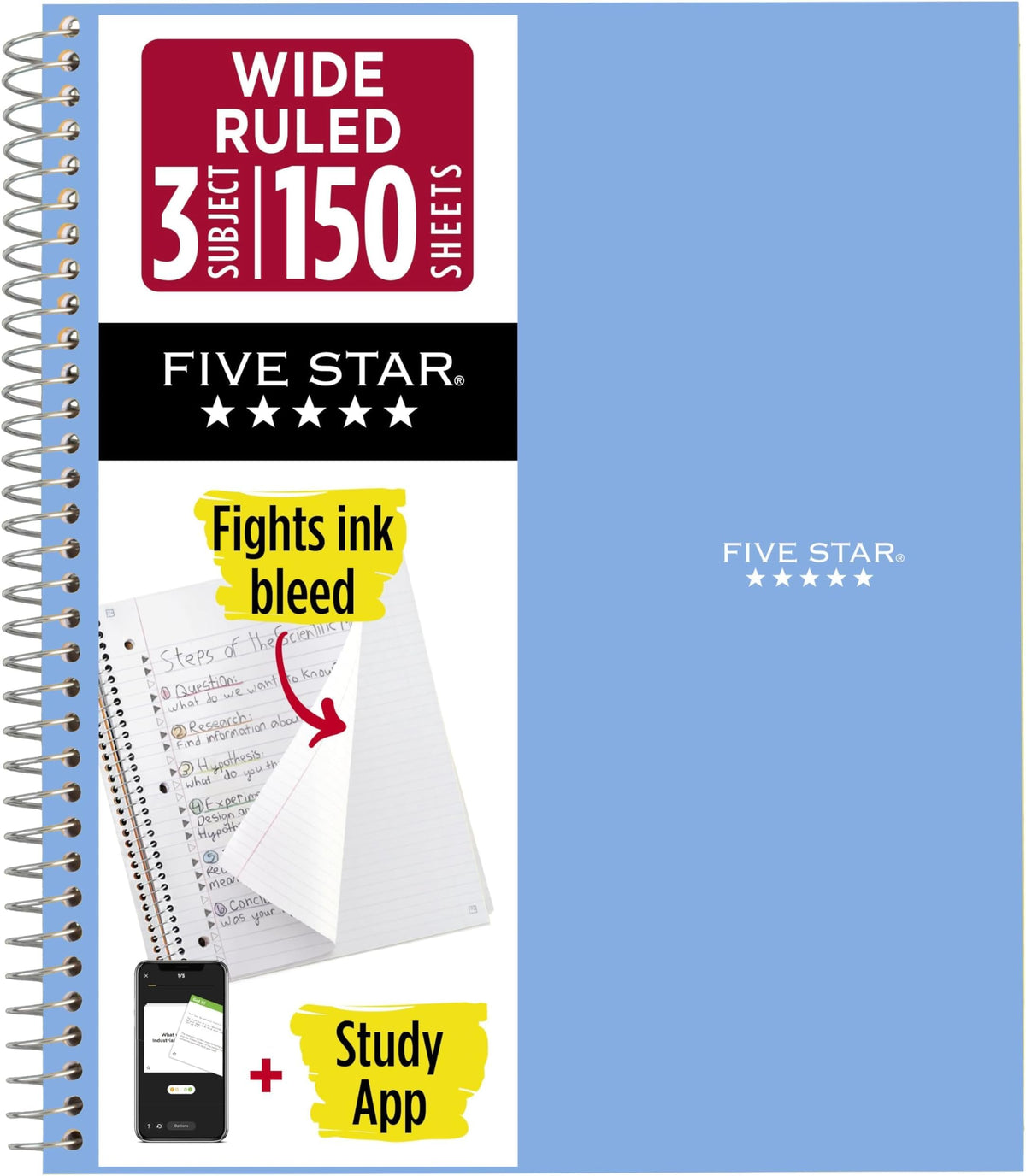 Five Star Spiral Notebook + Study App, 3 Subject, Wide Ruled Paper, 8" x 10-1/2", 150 Sheets, Fights Ink Bleed, Water Resistant Cover, Forest Green (73176)
