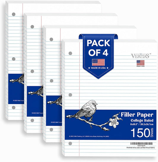 WritePads College Ruled Loose Leaf Paper, 600 Sheets Bulk Notebook Paper, 8"x10-1/2" 3 Hole Punched Filler Paper, Fits Standard 3-Ring Binder, 65lb Thick Paper, Made in USA