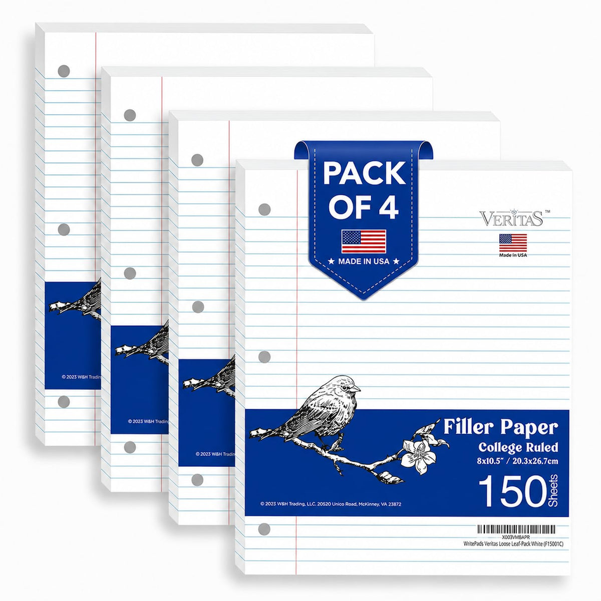 WritePads College Ruled Loose Leaf Paper, 600 Sheets Bulk Notebook Paper, 8"x10-1/2" 3 Hole Punched Filler Paper, Fits Standard 3-Ring Binder, 65lb Thick Paper, Made in USA