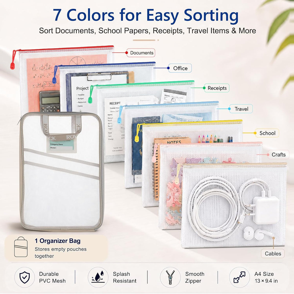 8pcs Mesh Zipper Pouches with Organizer Bag, Reusable Plastic Bag