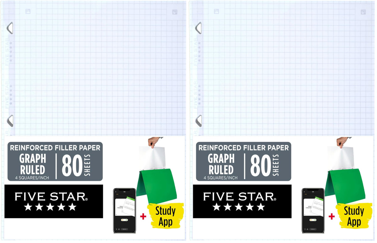 Five Star Loose Leaf Paper + Study App, Graph Ruled Filler Notebook Paper, Reinforced, Fights Ink Bleed, 8-1/2" x 11", 80 Sheets (170122)