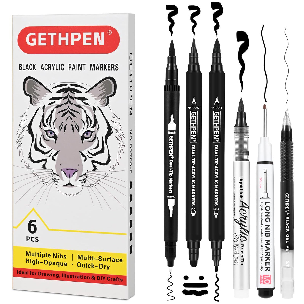 GETHPEN Calligraphy Brush Pen Set,10 Sizes Black Archival Ink Markers