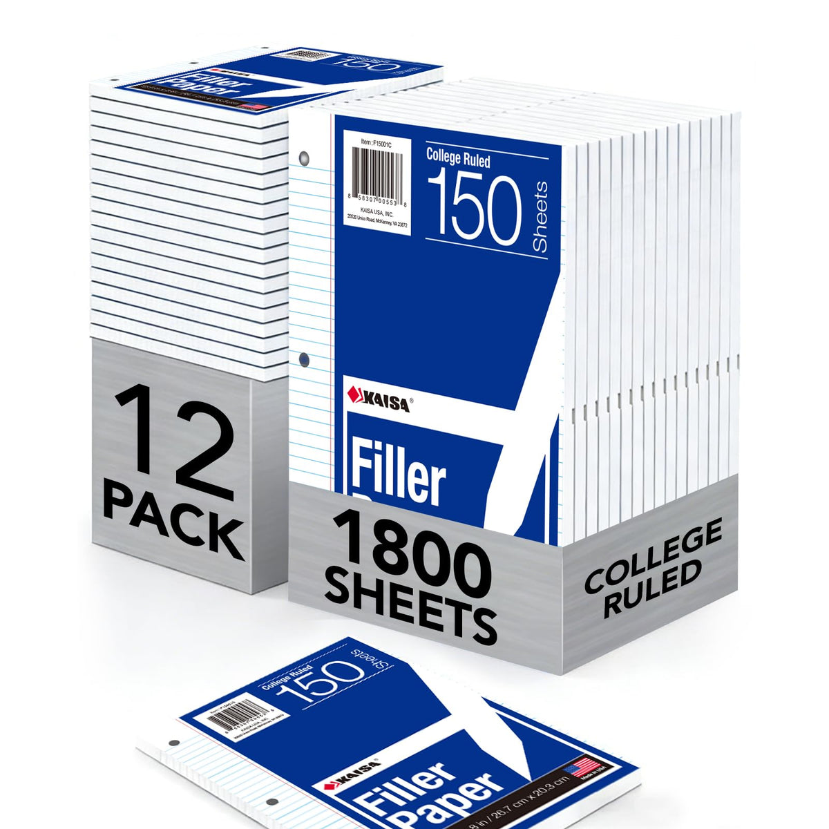 Kaisa Notebook Paper Bulk Wholesale Available 3 Pack Notebook Paper College Ruled 3-Hole Punched Loose Leaf Paper 8x10.5 Filler Paper for 3-Ring Binder, 150 Sheets/Pack (3 Pack-college)