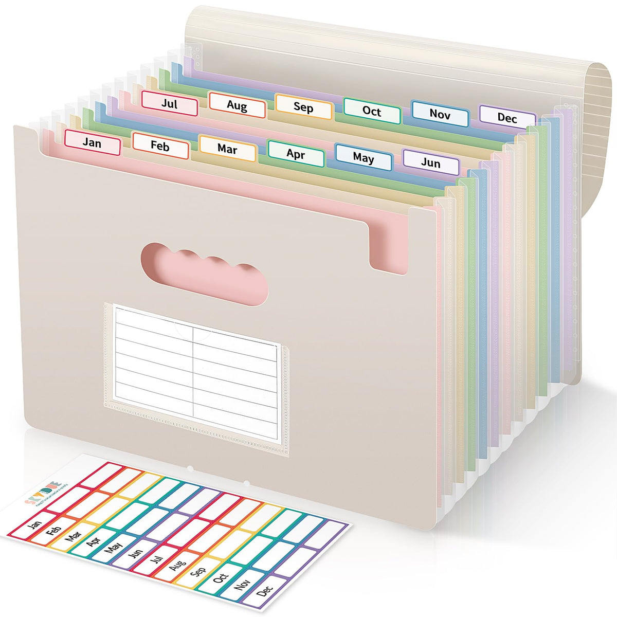 SKYDUE 13-Pocket Expanding File Folder, Accordion Document Organizer with Monthly Labels, A4 & Letter Size for Tax Records, Medical Files, Receipts, Home Office Use Pink