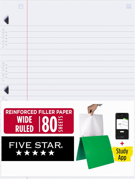 Five Star Loose Leaf Paper + Study App, Wide Ruled Filler Notebook Paper, Reinforced, Fights Ink Bleed, 8" x 10-1/2", 80 Sheets (150002)