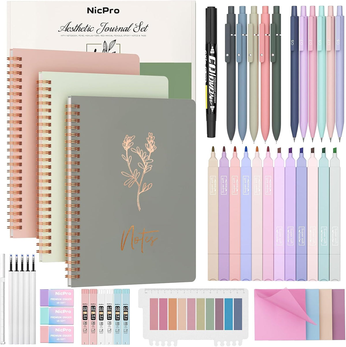 Nicpro 50PCS Cute Spiral Notebook Stationary Set For Women