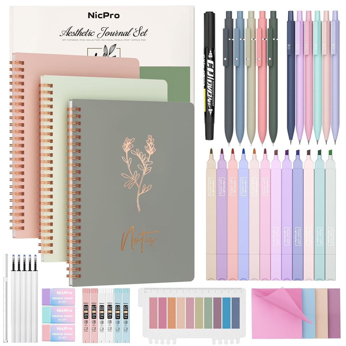 Nicpro 50PCS Cute Spiral Notebook Stationary Set For Women