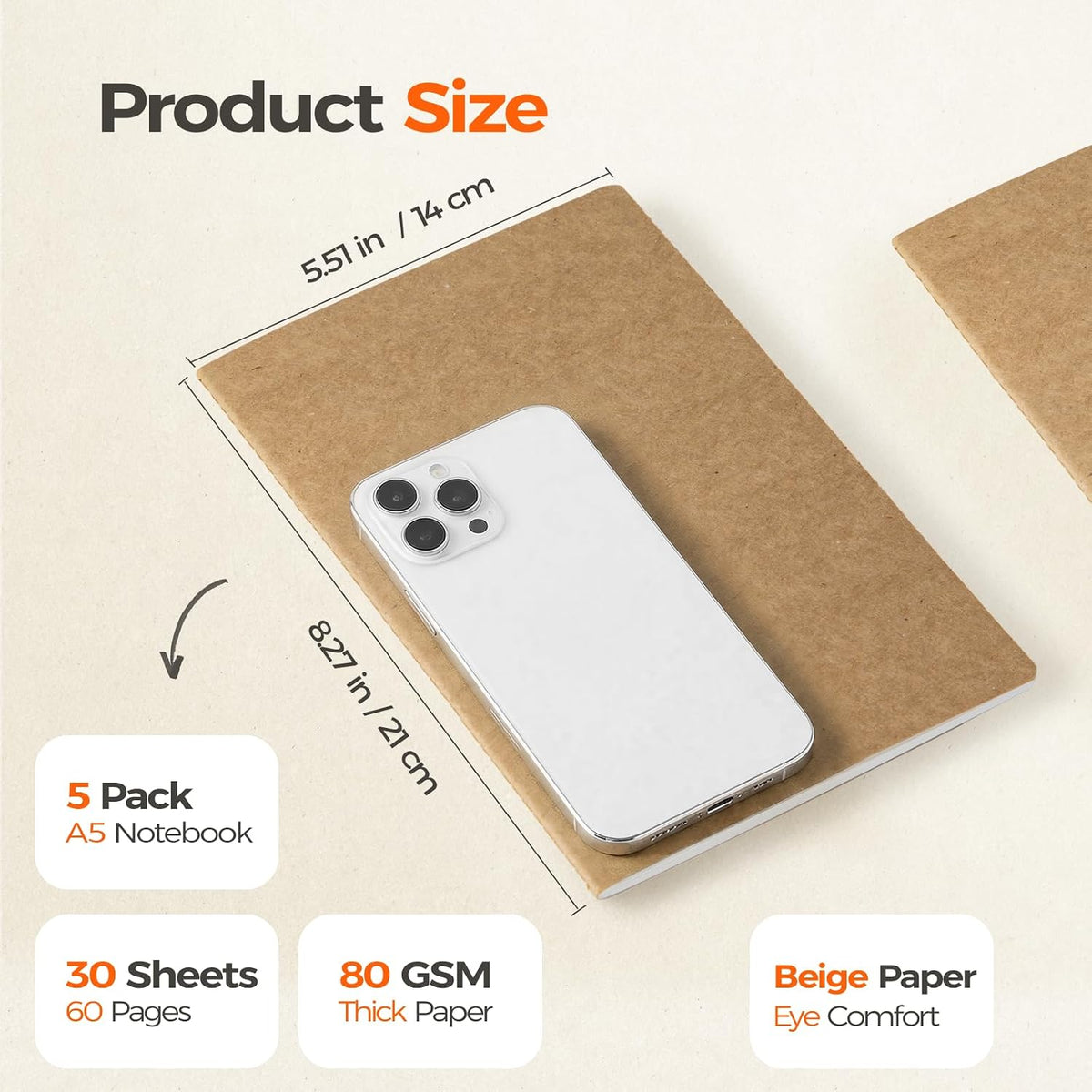 5 Pack Blank Kraft Notebooks A5, Unlined Composition Journals, 60 Pages