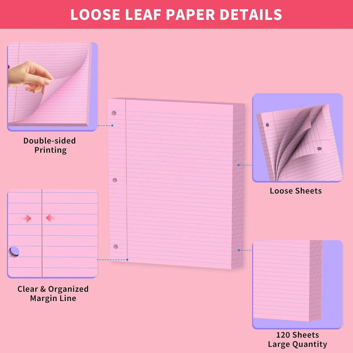 Loose Leaf Paper 120 Sheets Pink Paper 8x10.5 College Ruled Notebook Paper
