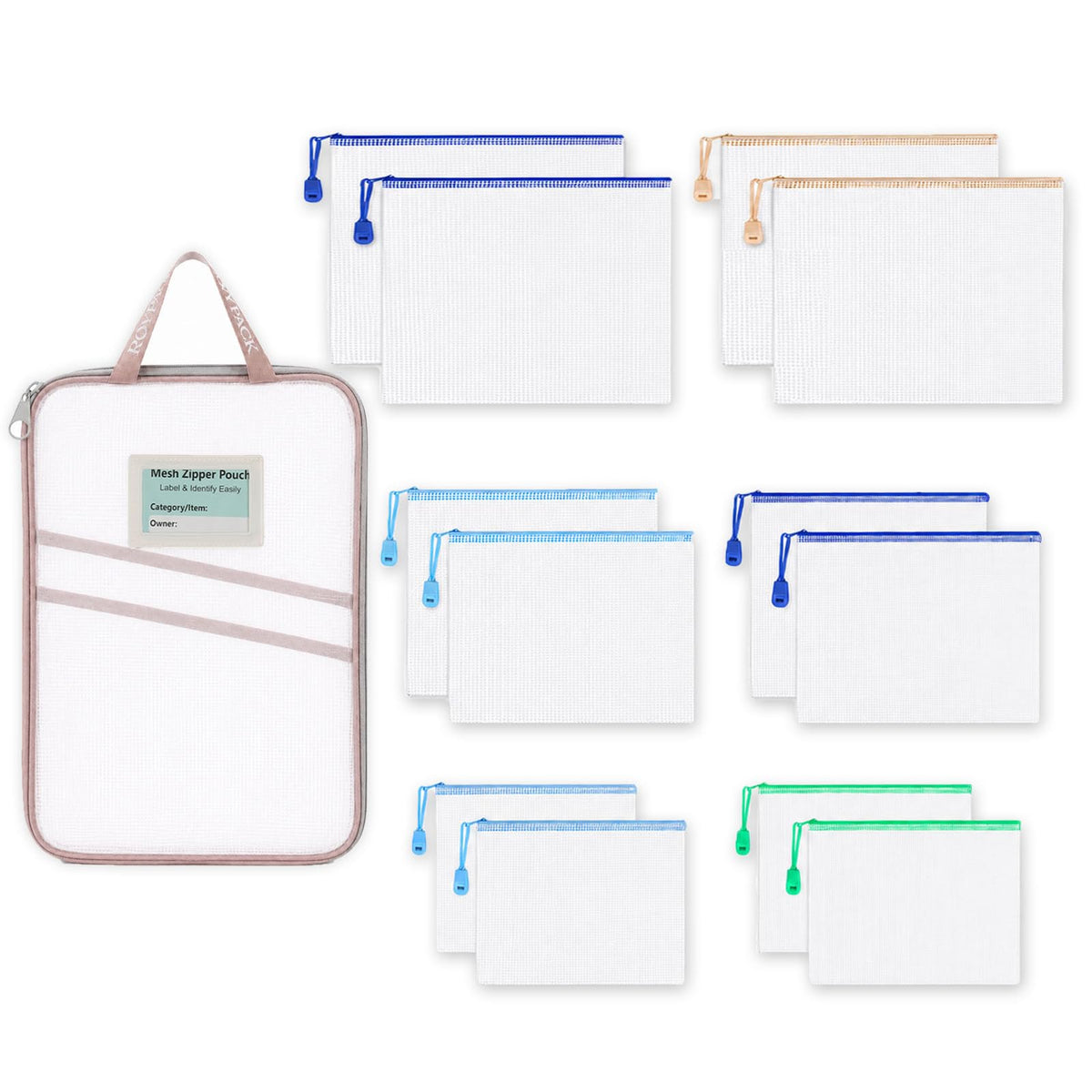 8pcs Mesh Zipper Pouches with Organizer Bag, Reusable Plastic Bag