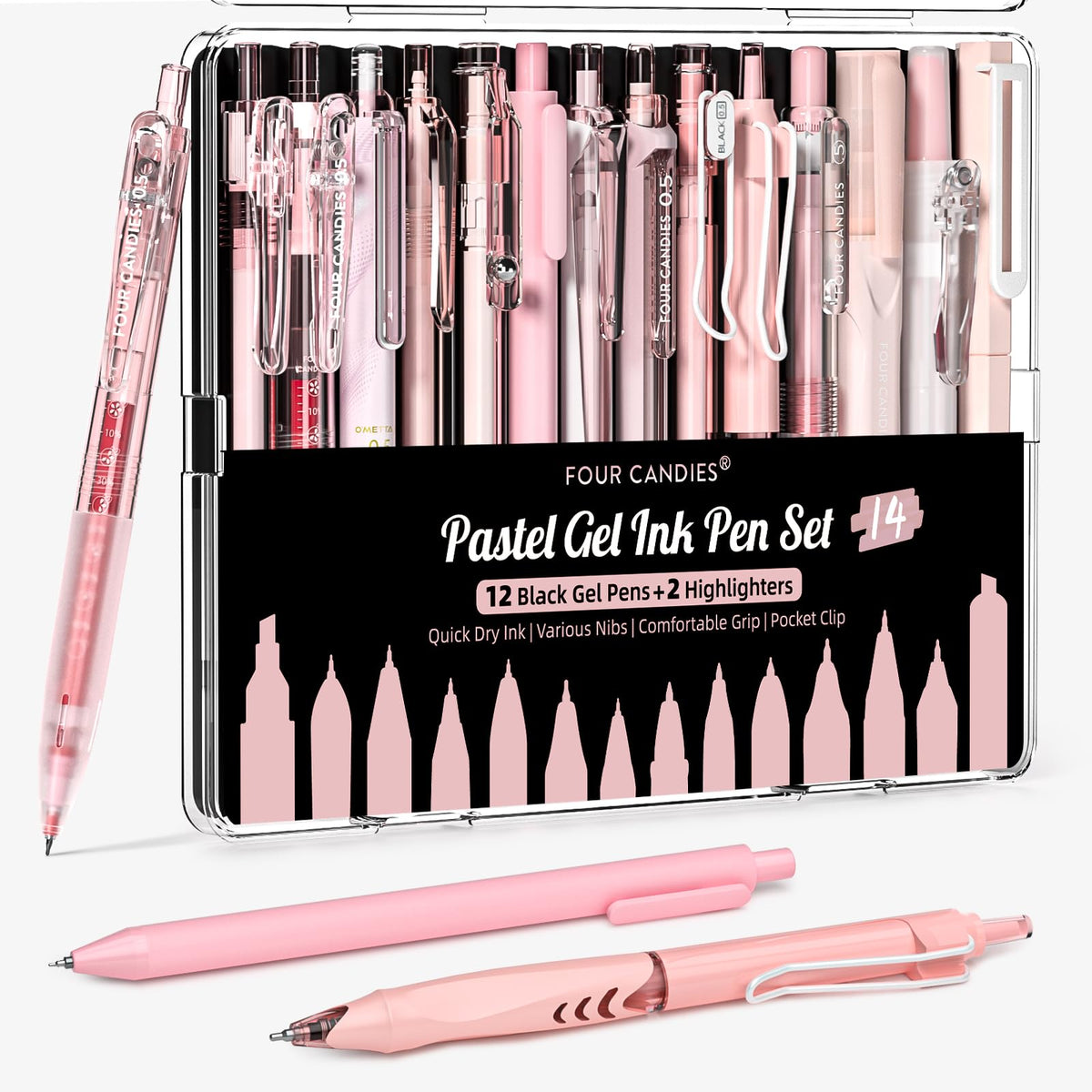 Four Candies Pink Pens, Black & Pink Ink, 0.5mm Fine Point, 2 Highlighters