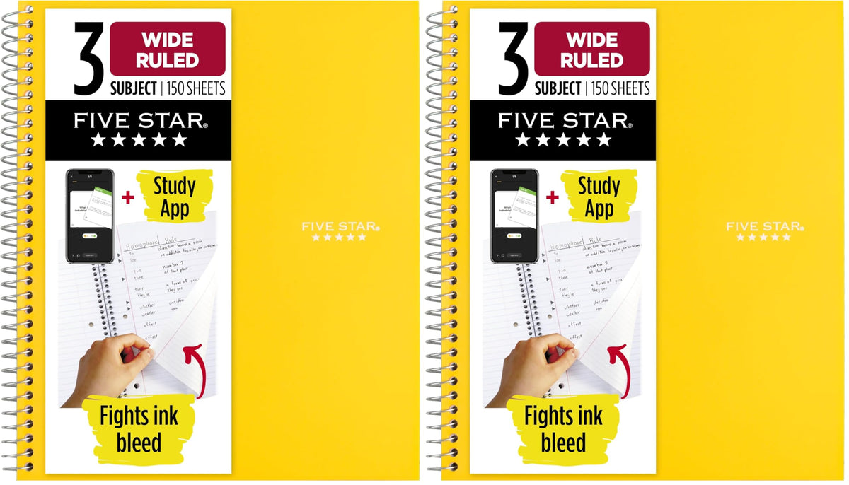 Five Star Spiral Notebook + Study App, 3 Subject, Wide Ruled Paper, 8" x 10-1/2", 150 Sheets, Fights Ink Bleed, Water Resistant Cover, Forest Green (73176)