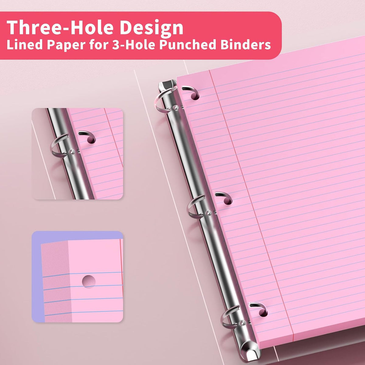 Loose Leaf Paper 120 Sheets Pink Paper 8x10.5 College Ruled Notebook Paper