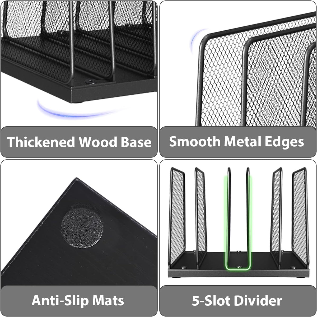 LEKETREE Desk File Organizer, 5-Section Upright File Sorter, Vertical File Folder Holder, Mesh Metal Wood Office Desktop Organization for Document, Magazine, Books and more (Black)