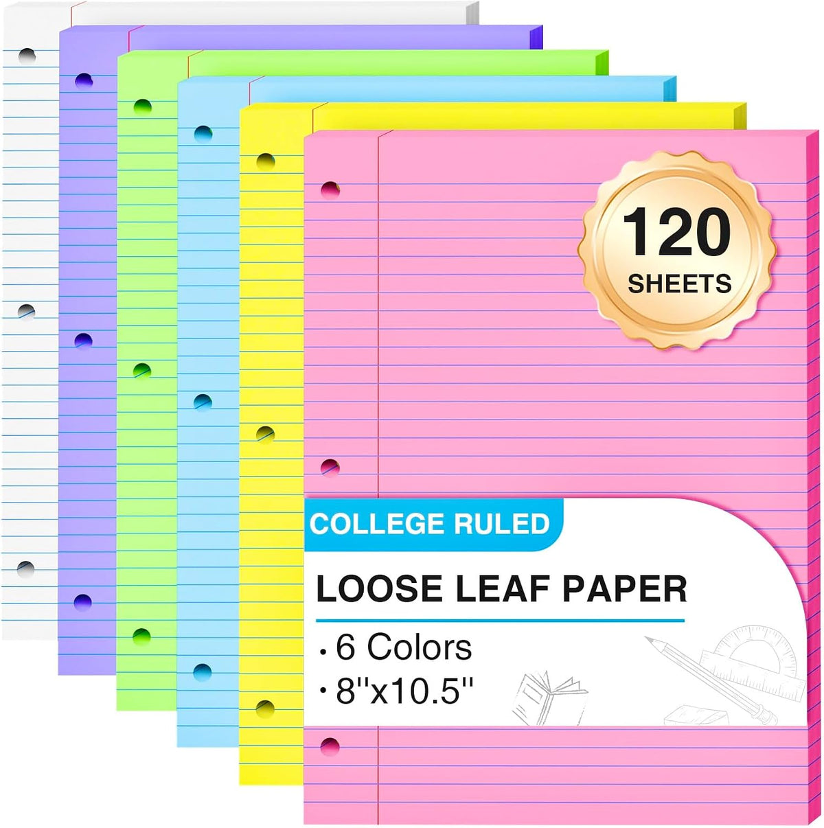 120 Sheets Loose Leaf Paper 8 x 10.5, 6 Colors Lined Paper College Ruled
