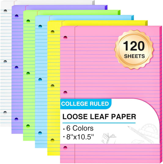 120 Sheets Loose Leaf Paper 8 x 10.5, 6 Colors Lined Paper College Ruled
