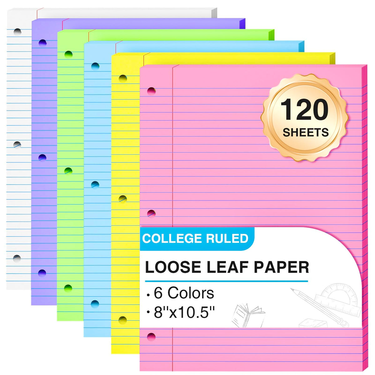 120 Sheets Loose Leaf Paper 8 x 10.5, 6 Colors Lined Paper College Ruled