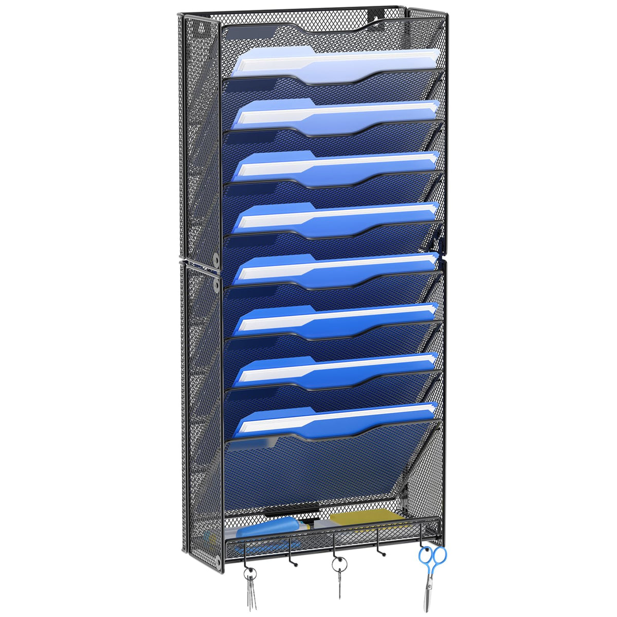 OUTWOLF 10 Tier Hanging Wall File Organizer Wall Mount Paper Document Folder Holder with Hooks for Home Office Organization
