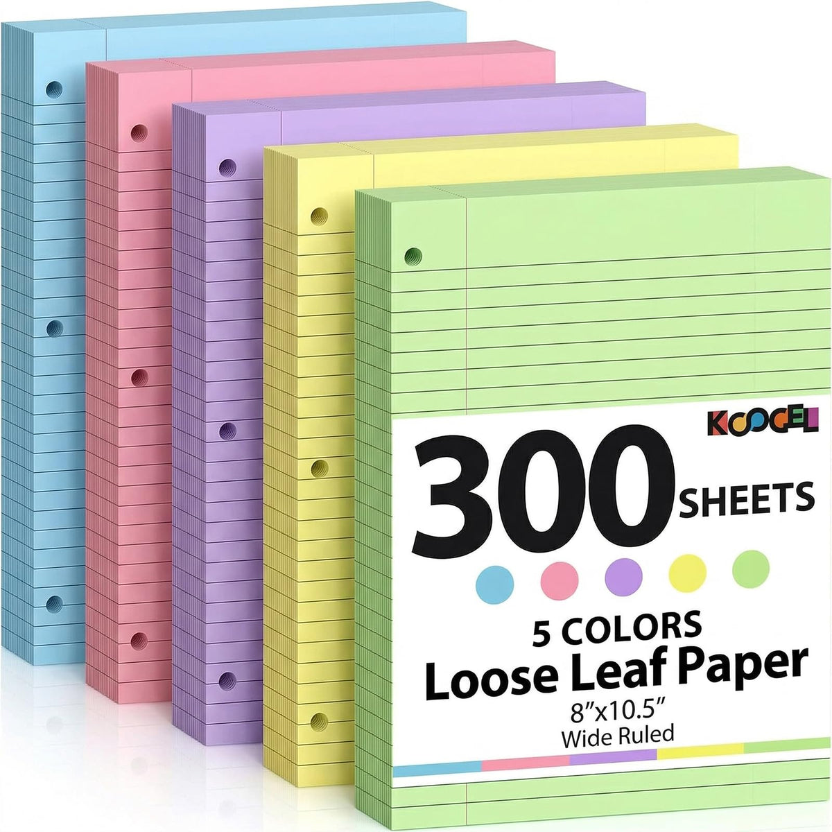Koogel 500 Sheets Colored Filler Paper, 5 Colors 8 x 10-1/2 Inch Wide Ruled