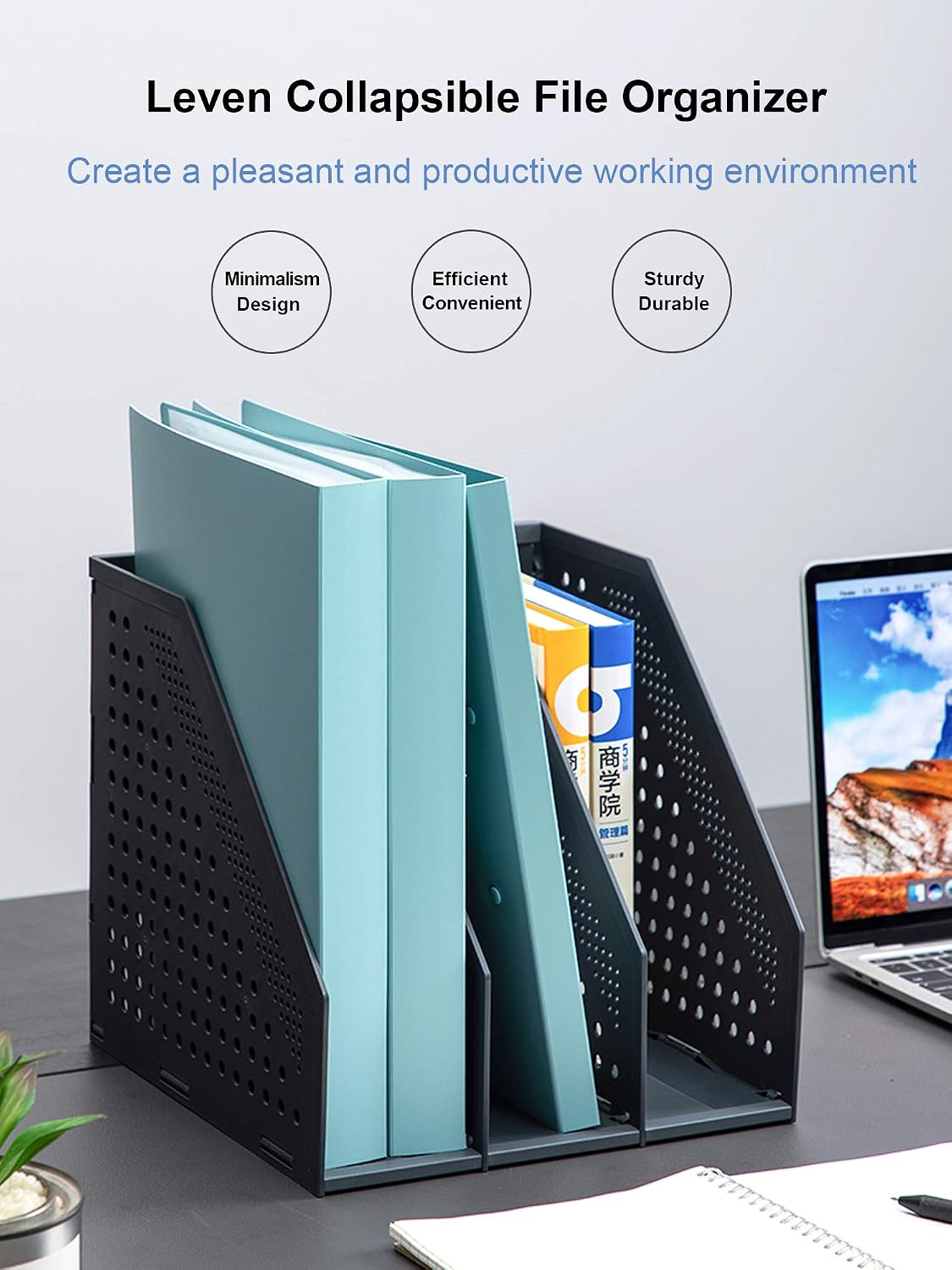 Leven Collapsible Magazine File Holder/Desk Organizer for Office Organization and Storage with 3 Vertical Compartments, Dark Grey,