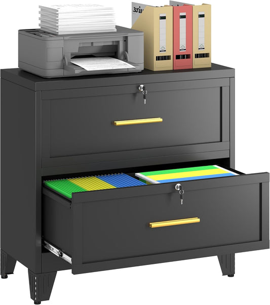 2 Drawer Metal File Cabinet with Lock,Lateral Filing Storage Cabinets,Steel Wide File Organization for Legal/Letter/A4/F4 Size with Hanging Files&Key,Lockable Printer Stand for Home Office, Black