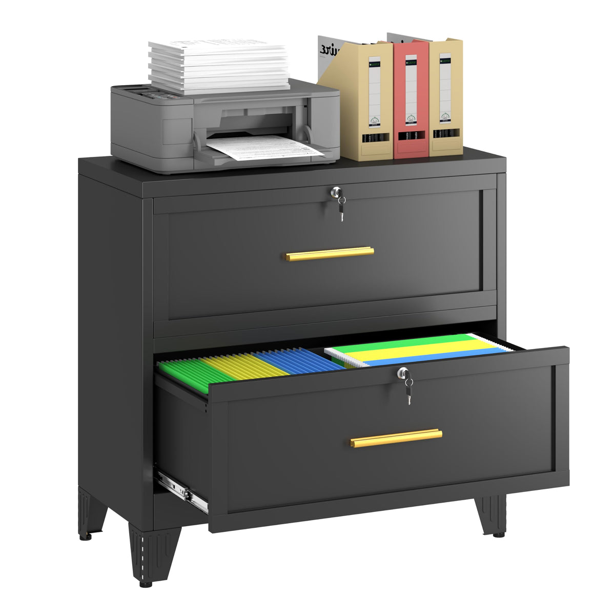 2 Drawer Metal File Cabinet with Lock,Lateral Filing Storage Cabinets,Steel Wide File Organization for Legal/Letter/A4/F4 Size with Hanging Files&Key,Lockable Printer Stand for Home Office, Black