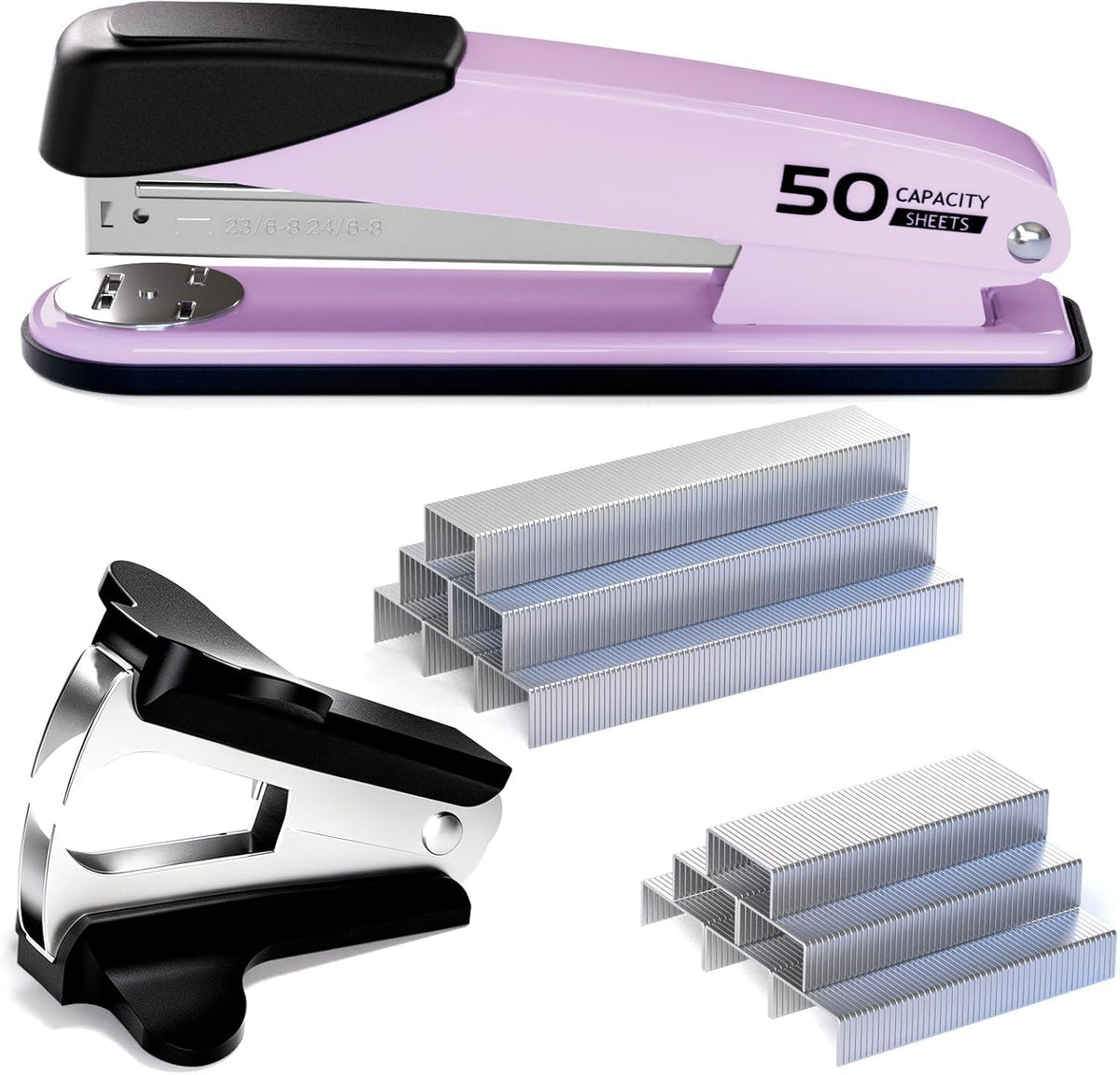 Metal Stapler Heavy Duty - 50 Sheet Capacity with 2000 Pieces 1/4", 5/16" Staples and Staple Remover, No Jam, Non-Slip, Stapler Heavy Duty for Desk, Classroom and Office, Black