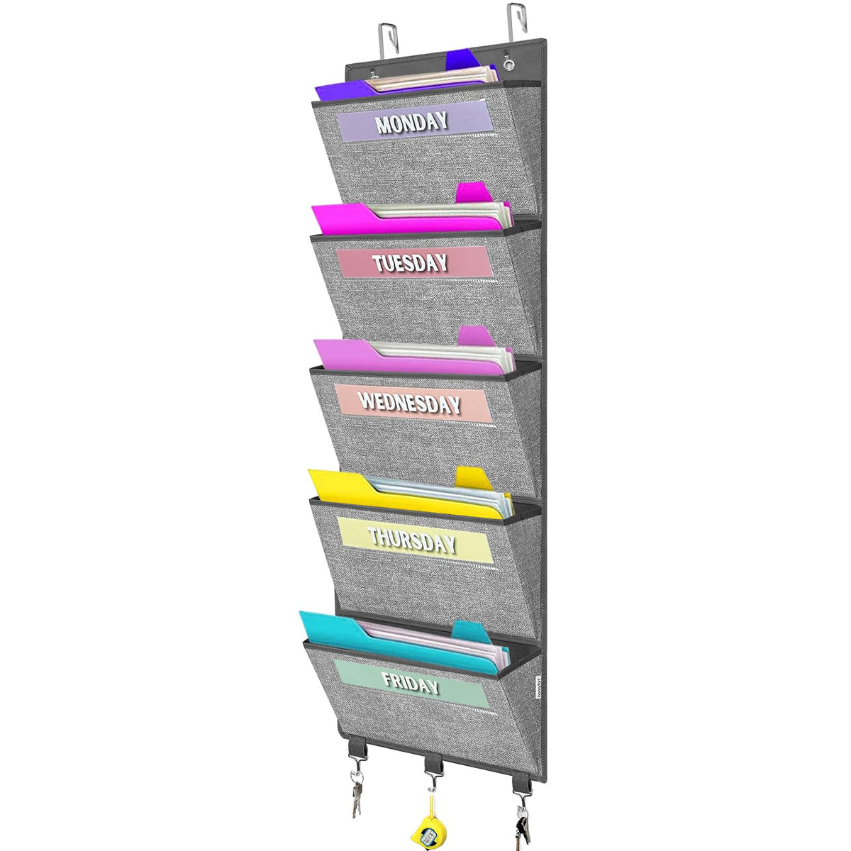 homyfort Over the Door File Organizer, Wall Hanging File Folders with 5 Large Pocket for Mails, Magazines, Back to School Supplies,Office Chart Storage, Paper Organization (Grey)