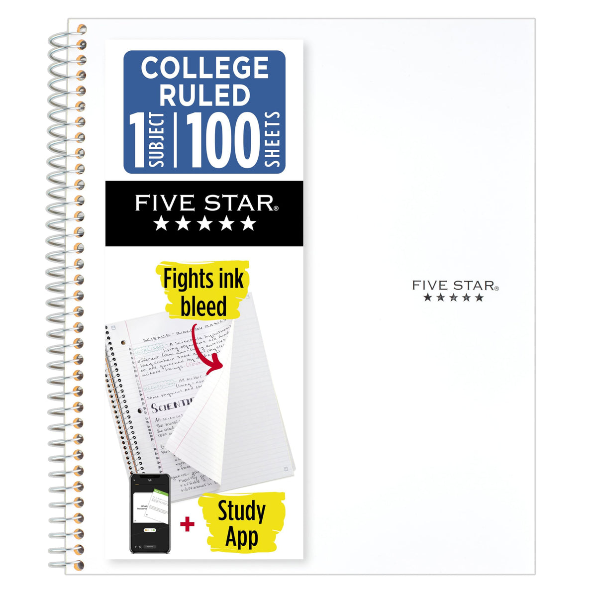 Five Star Spiral Notebook + Study App, 1 Subject, College Ruled Paper, 8.5" x 11", 100 Sheets, Blue (Color May Vary) (72565)
