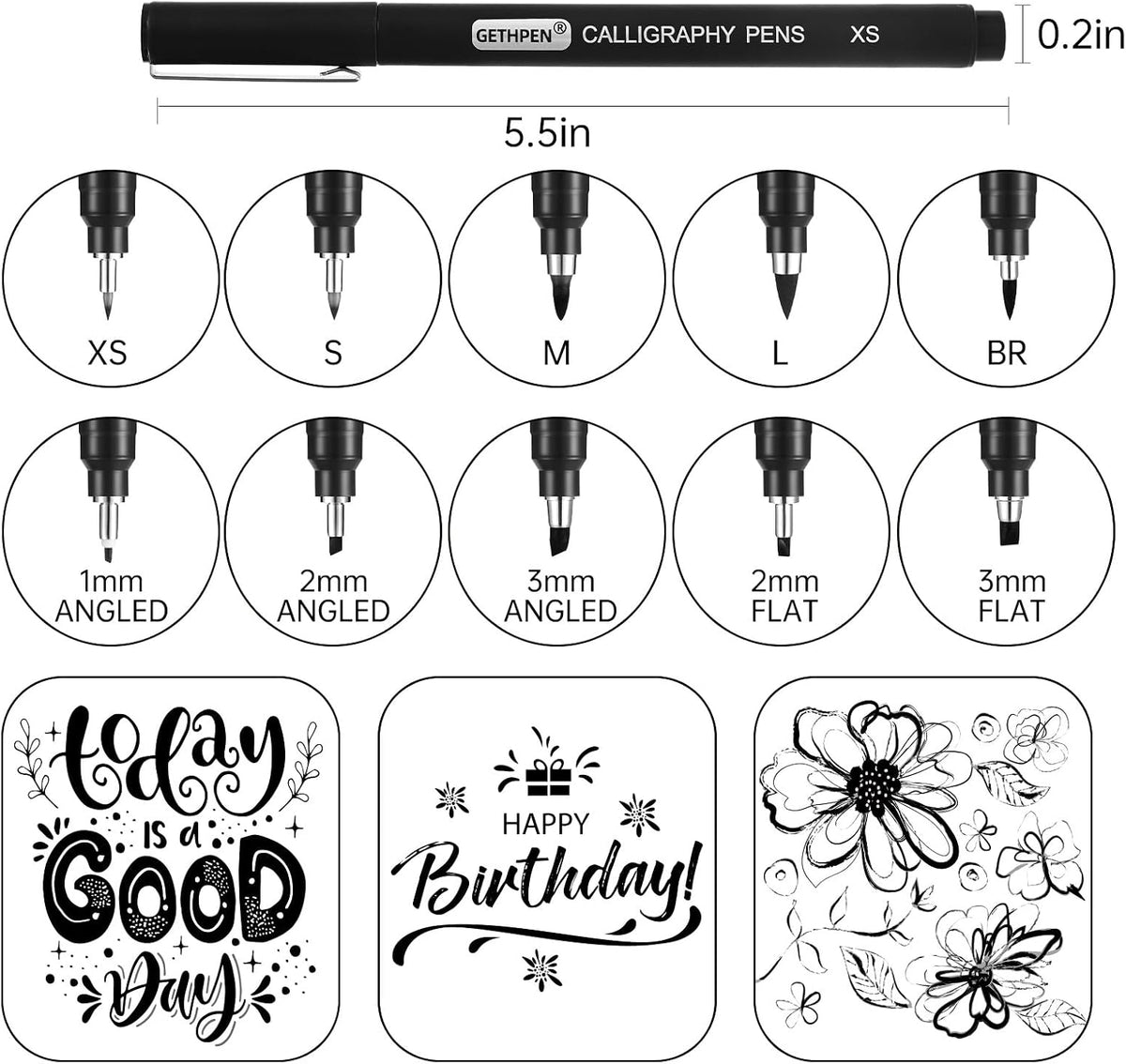 GETHPEN Calligraphy Brush Pen Set,10 Sizes Black Archival Ink Markers