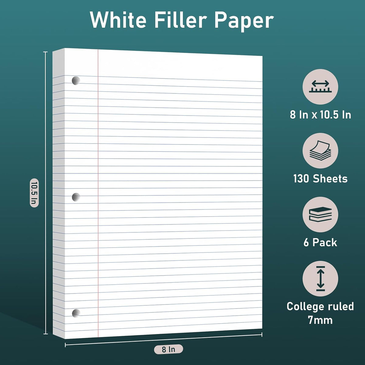 6 Pack Loose Leaf Paper, 130 Sheets Notebook, 8 x 10.5 Filler Paper Pads