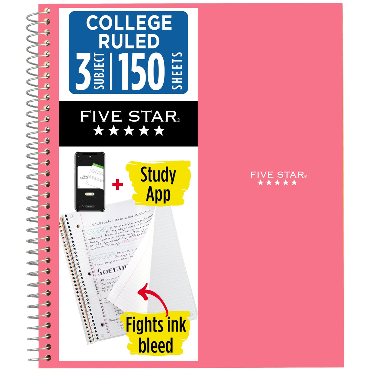 Five Star Spiral Notebook + Study App, 3 Subject, College Ruled Paper, 8.5" x 11", 150 Sheets, Blue (Color May Vary) (820003NH0)