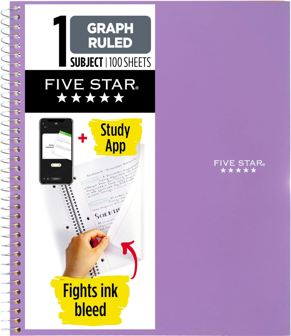 Five Star Spiral Notebook + Study App, 1 Subject, Graph Ruled Paper, 8-1/2" x 11", 100 Sheets, Fights Ink Bleed, Water Resistant Cover, Black (73679)