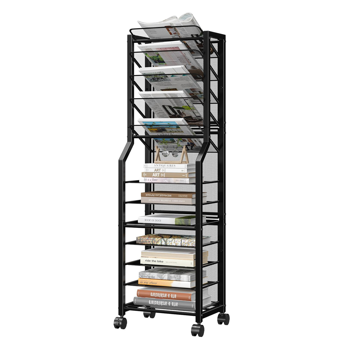 Simple Trending 12-Tier Rolling File Cart, Desk File Organizer with 11 Mesh Sliding Trays, Letter & Legal Paper Storage Rolling Utility Cart for Office Home School, Black