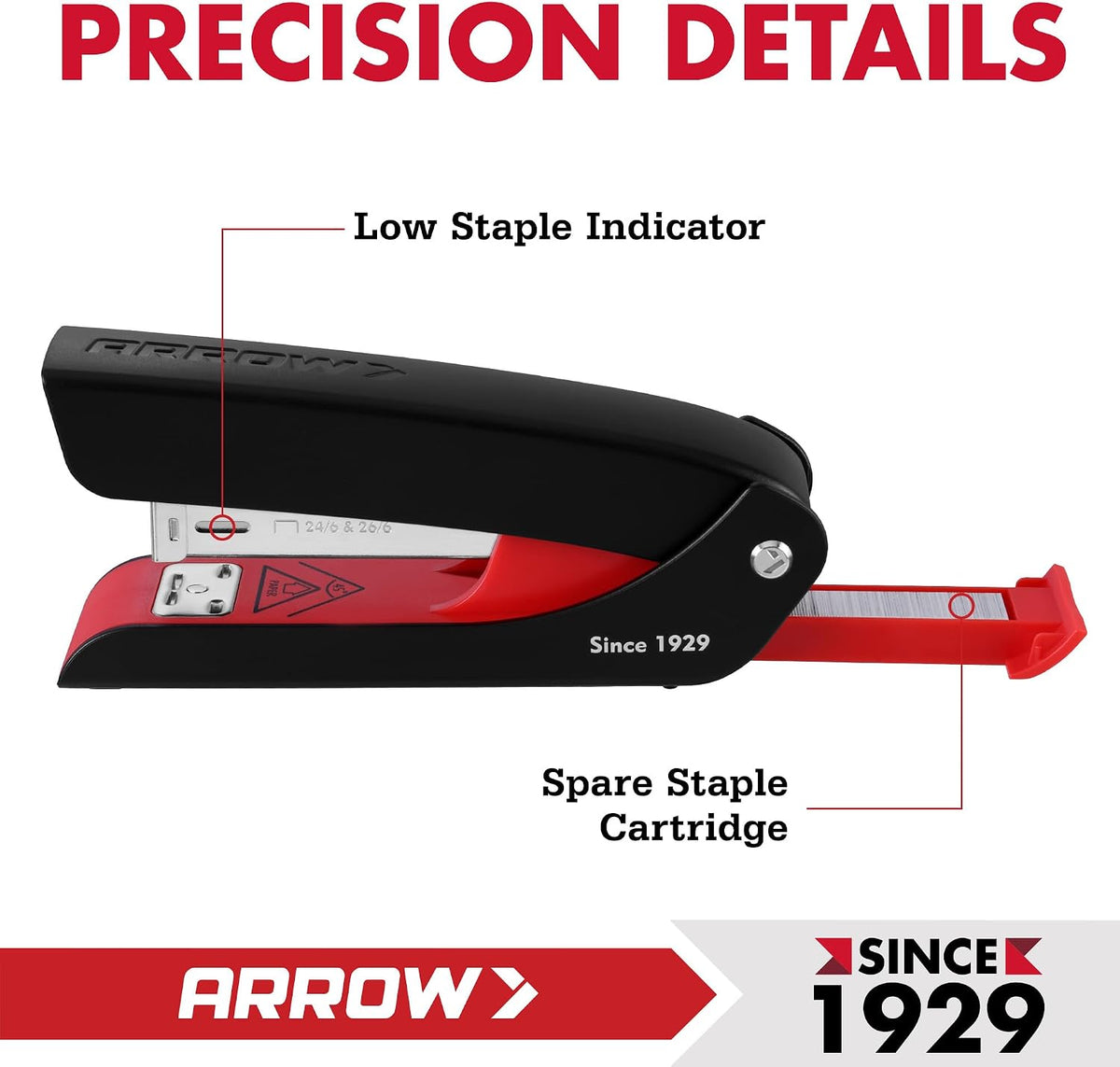 Arrow Office Stapler Set, 25 Sheet Capacity Metal Desk Staplers with 2100 Staples and Staple Remover, Half Strip Design and Non-Slip Base, Spare Staple Storage for Classroom, Office and Home, 2 Pack
