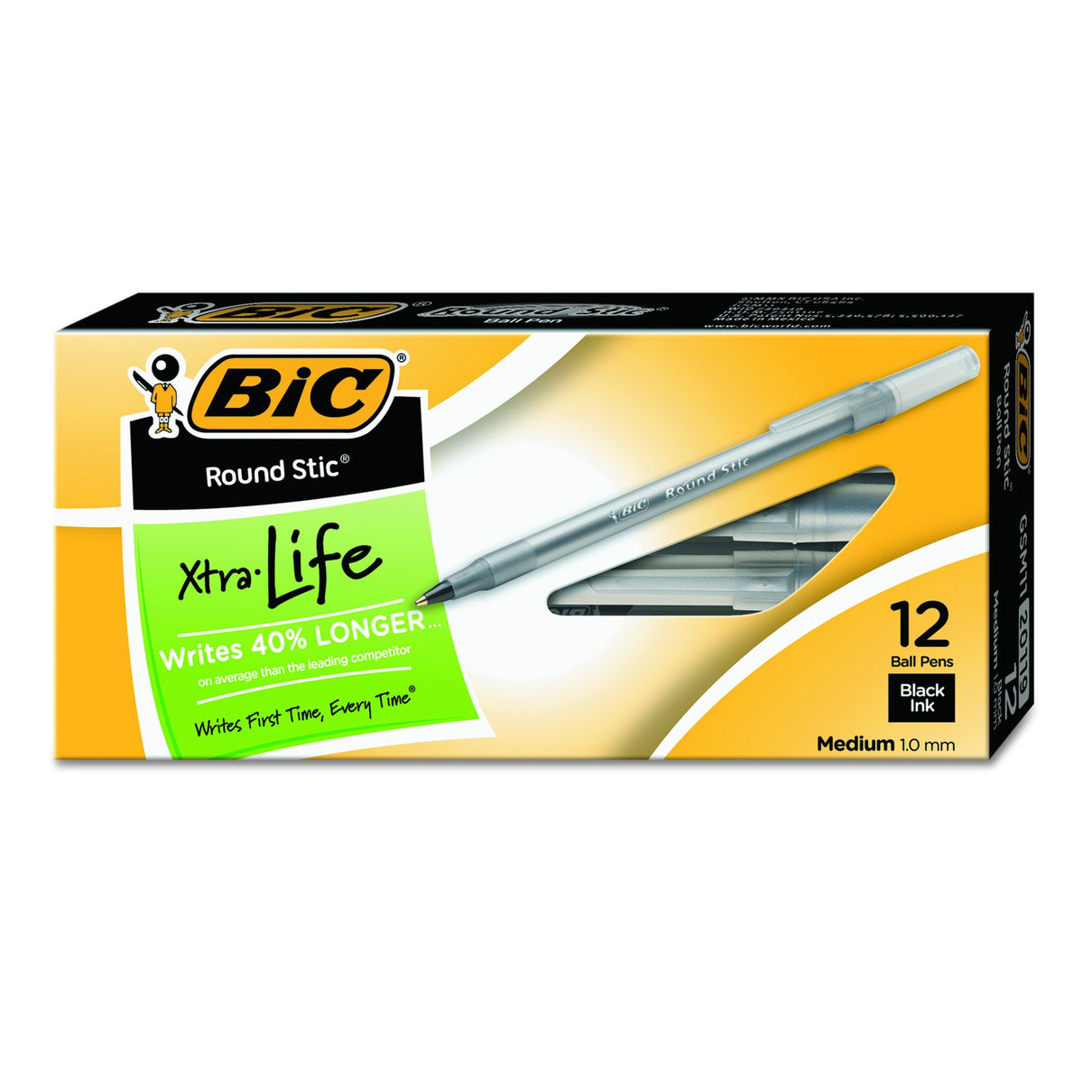 BIC Round Stic Xtra Life Black Ballpoint Pens, 12-Count, 1.0mm Medium Point