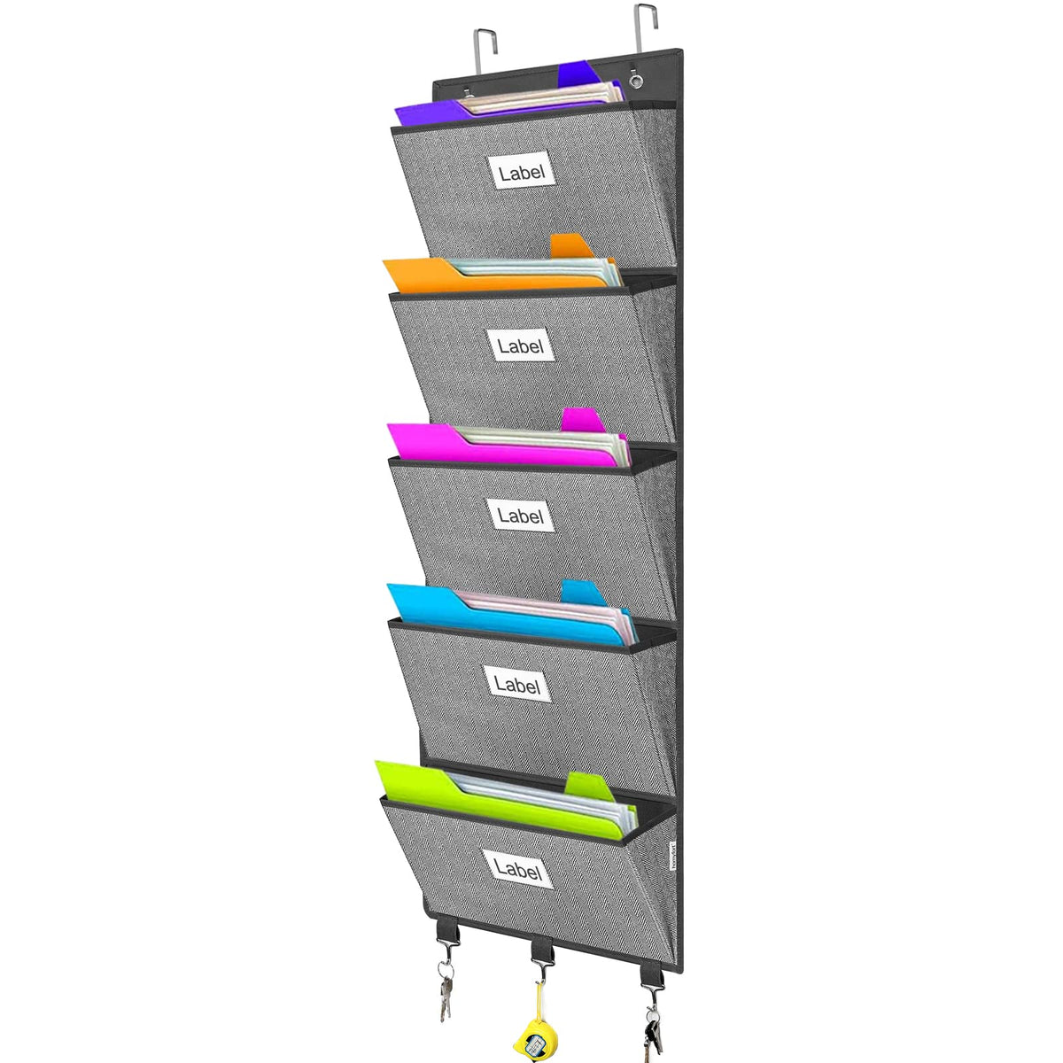 homyfort Over the Door File Organizer, Wall Hanging File Folders with 5 Large Pocket for Mails, Magazines, Back to School Supplies,Office Chart Storage, Paper Organization (Grey)